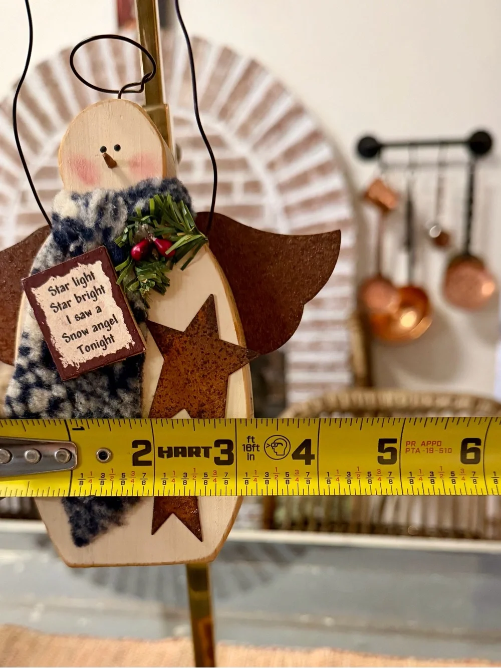 Hand Crafted Wooden Snow Angel Ornament with Blue Scarf and Rust Stars